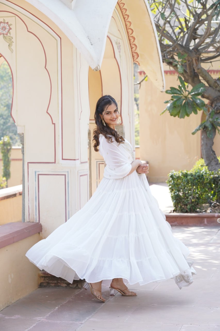 Faux Georgette White Gown with Designer Embroidered Dupatta