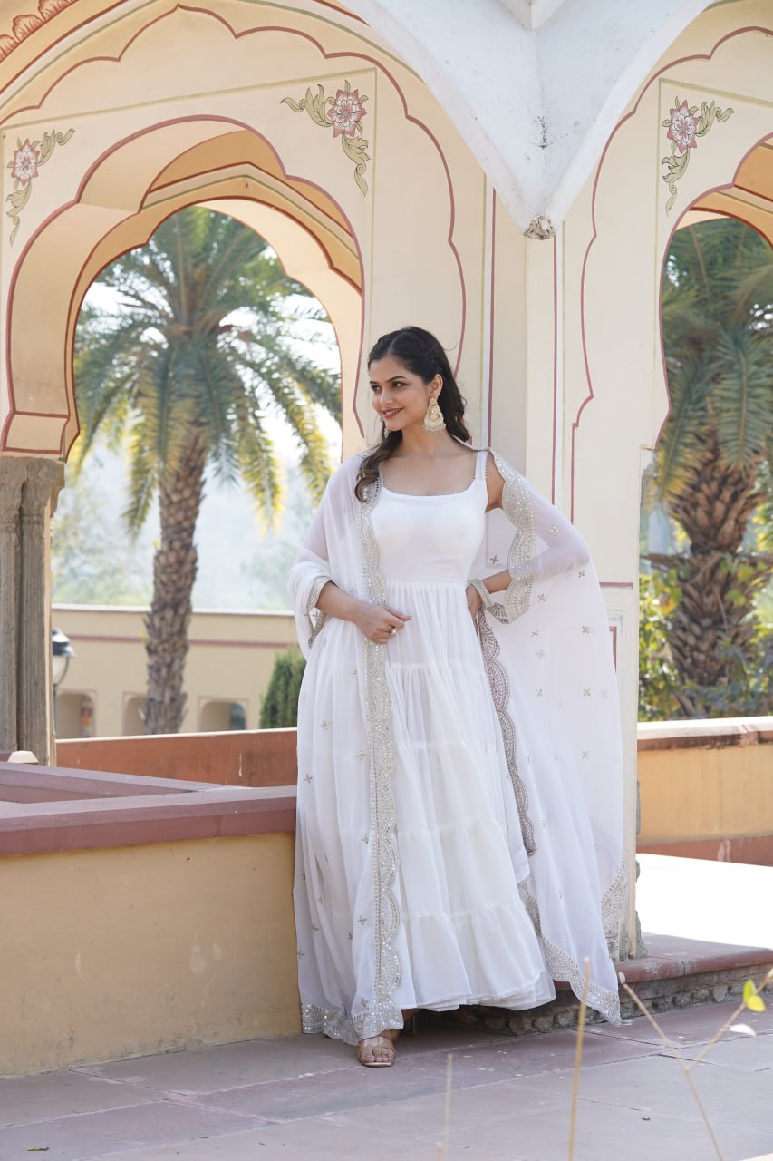 Faux Georgette White Gown with Designer Embroidered Dupatta