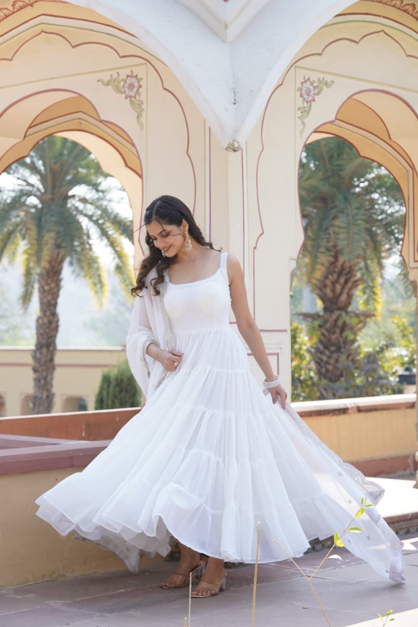 Faux Georgette White Gown with Designer Embroidered Dupatta