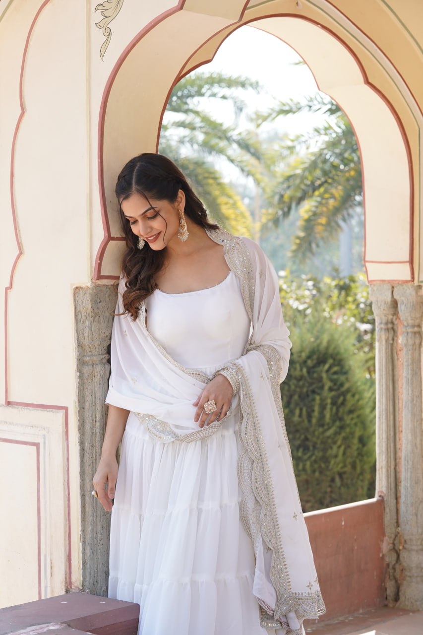 Faux Georgette White Gown with Designer Embroidered Dupatta
