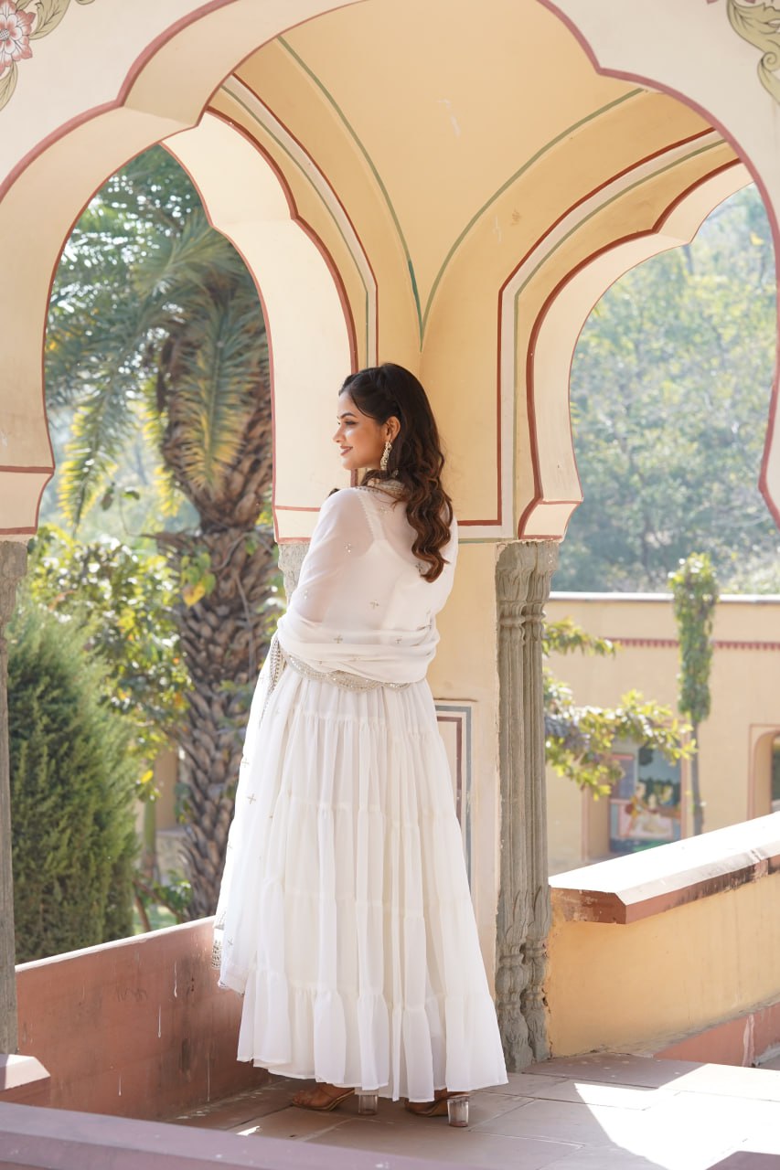 Faux Georgette White Gown with Designer Embroidered Dupatta
