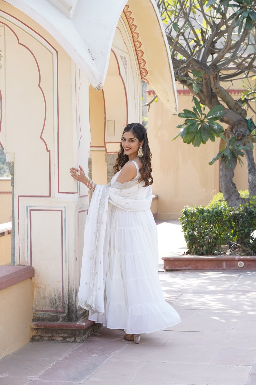 Faux Georgette White Gown with Designer Embroidered Dupatta
