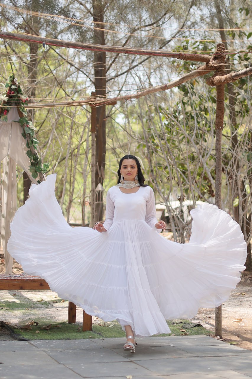 Faux Georgette White Gown with Cascading Frills and Sequin Dupatta