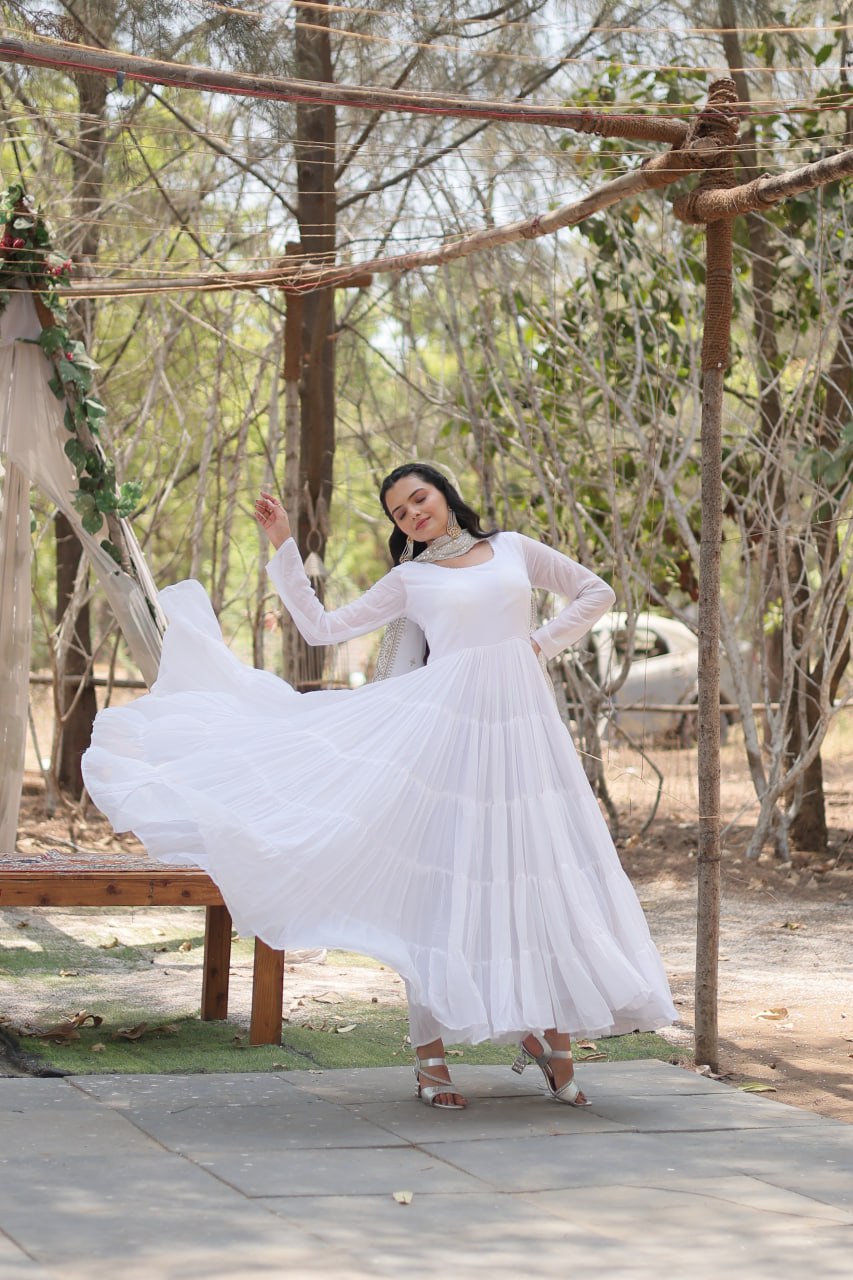 Faux Georgette White Gown with Cascading Frills and Sequin Dupatta