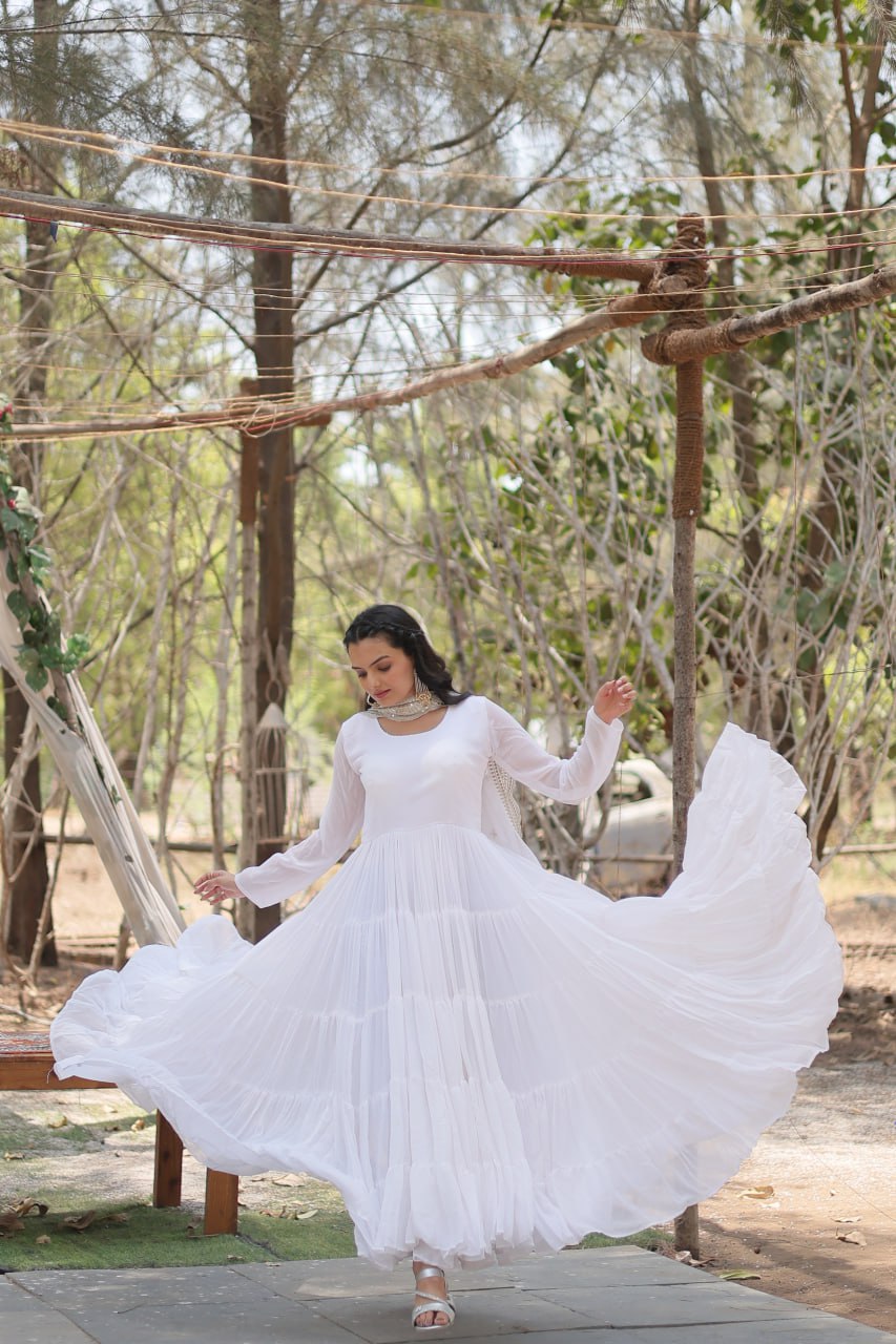 Faux Georgette White Gown with Cascading Frills and Sequin Dupatta