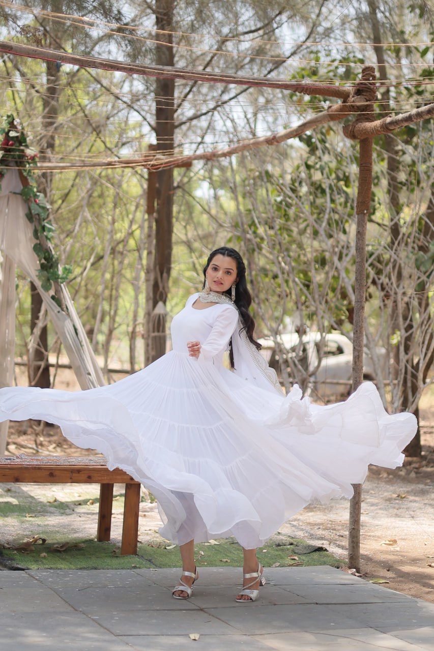 Faux Georgette White Gown with Cascading Frills and Sequin Dupatta