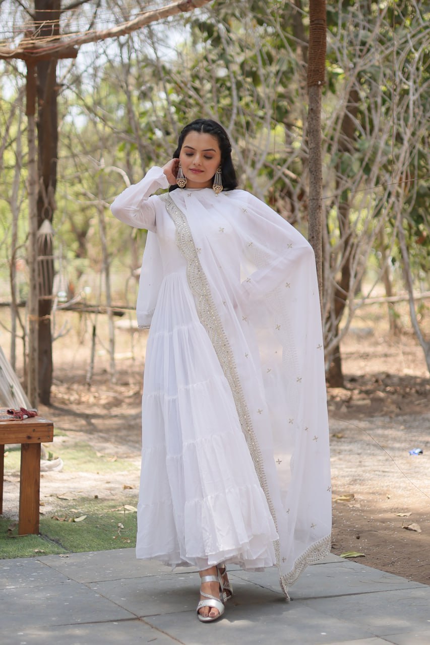 Faux Georgette White Gown with Cascading Frills and Sequin Dupatta