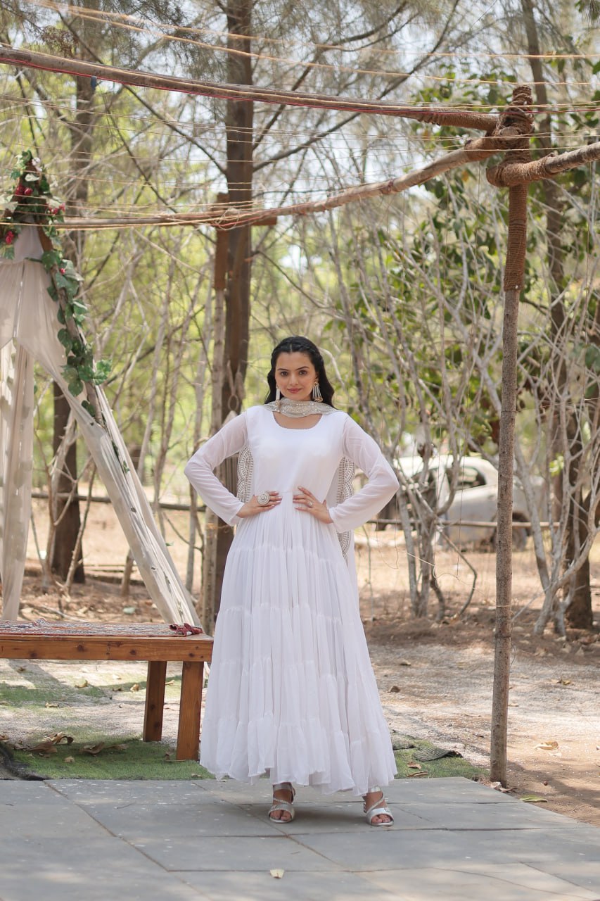 Faux Georgette White Gown with Cascading Frills and Sequin Dupatta