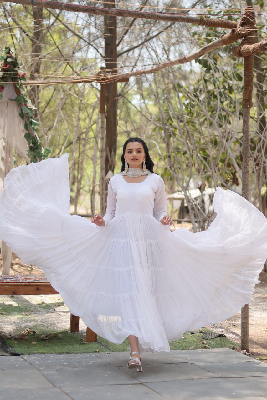 Faux Georgette White Gown with Cascading Frills and Sequin Dupatta
