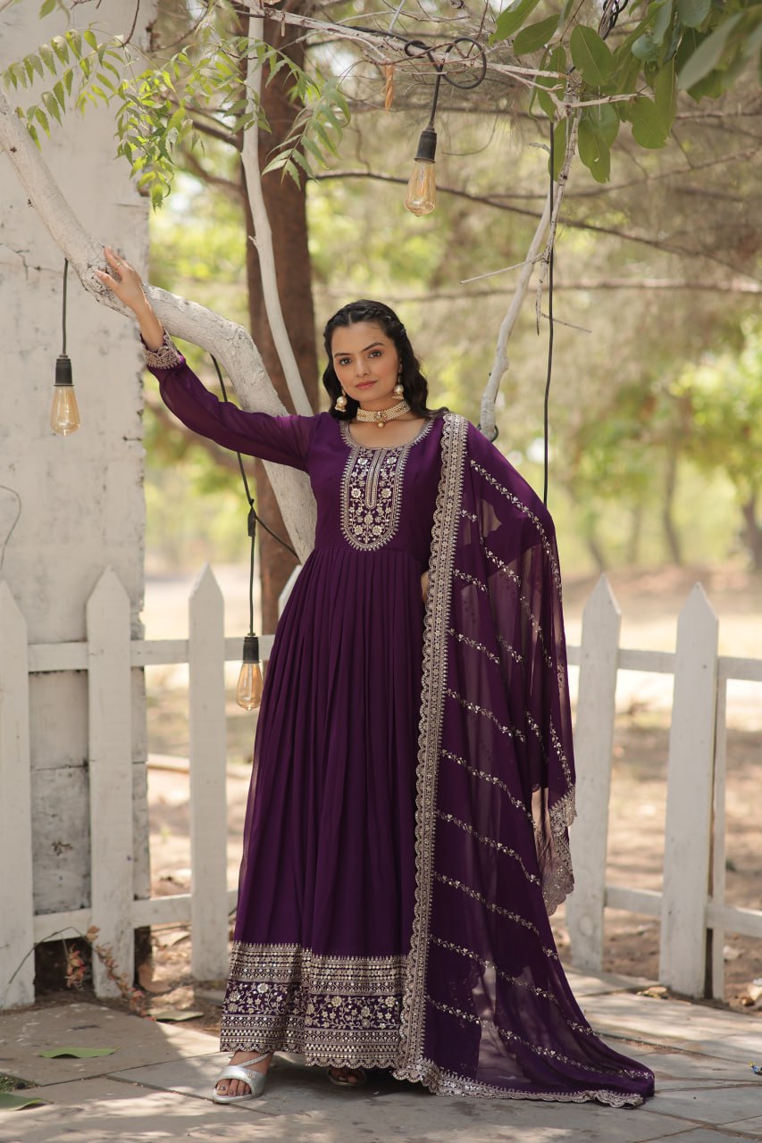Faux Sequin Embroidered Purple Gown with Matching Dupatta