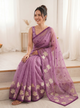 Pink Pure Oris Silk Saree with Embroidered Lotus Buttis & Applique Border
