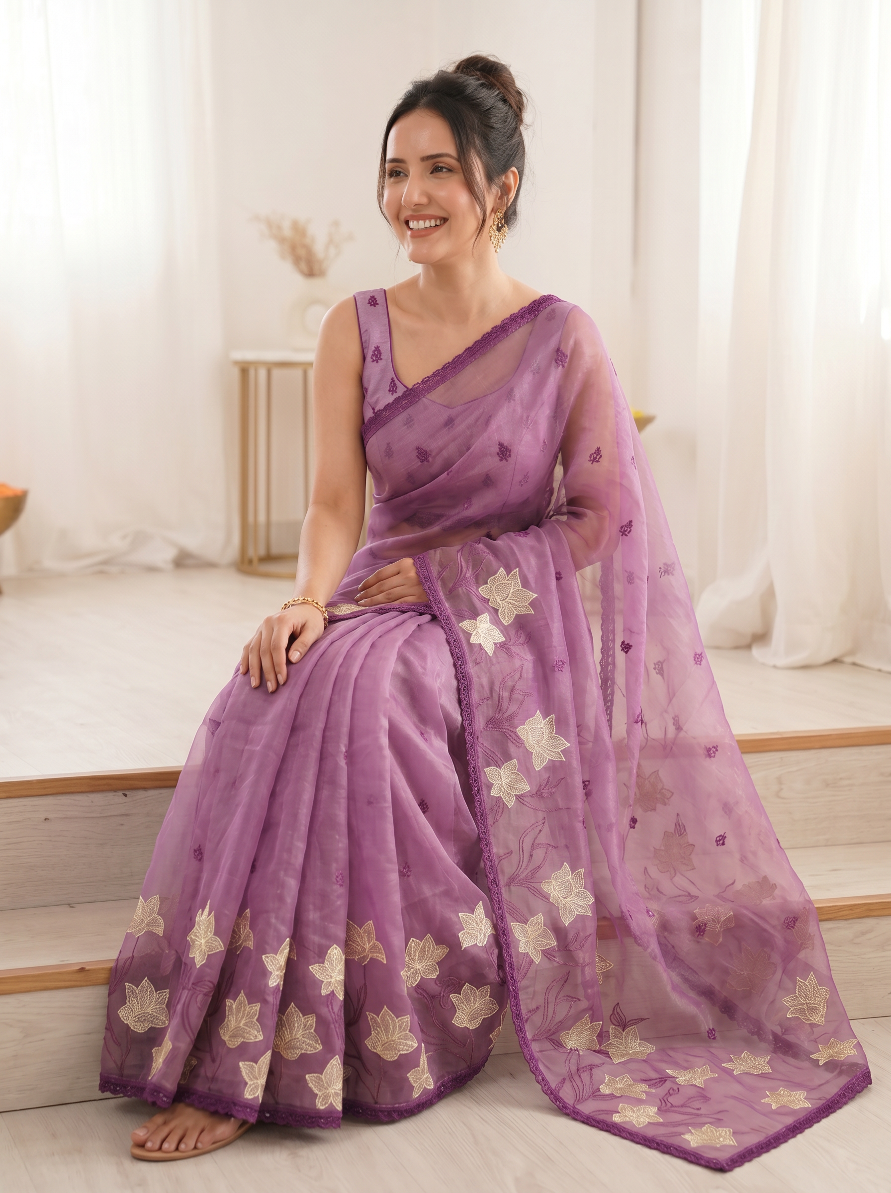 Pink Pure Oris Silk Saree with Embroidered Lotus Buttis & Applique Border