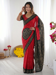 Crimson red black modal silk saree with traditional bandhani inspired motifs stone work heritage folk art pallu mameraa