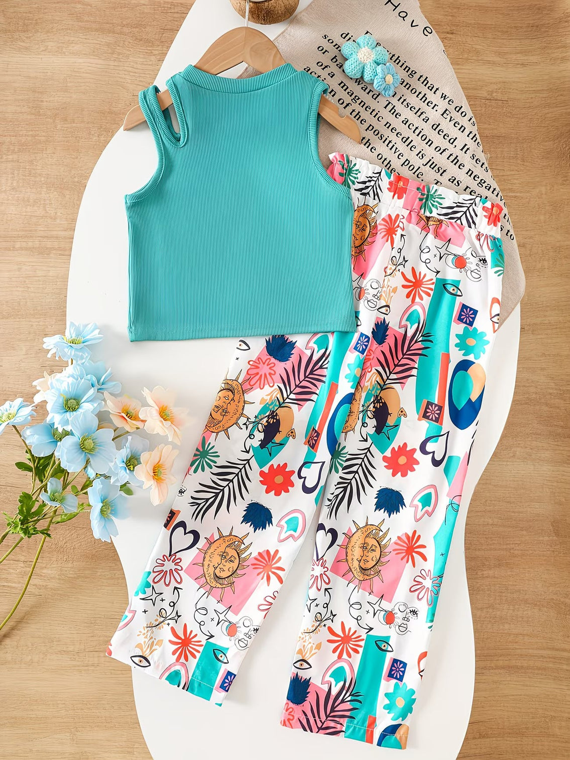 Girls Teal Ribbed Sleeveless Crop Top & Multicolor Printed Pants Set