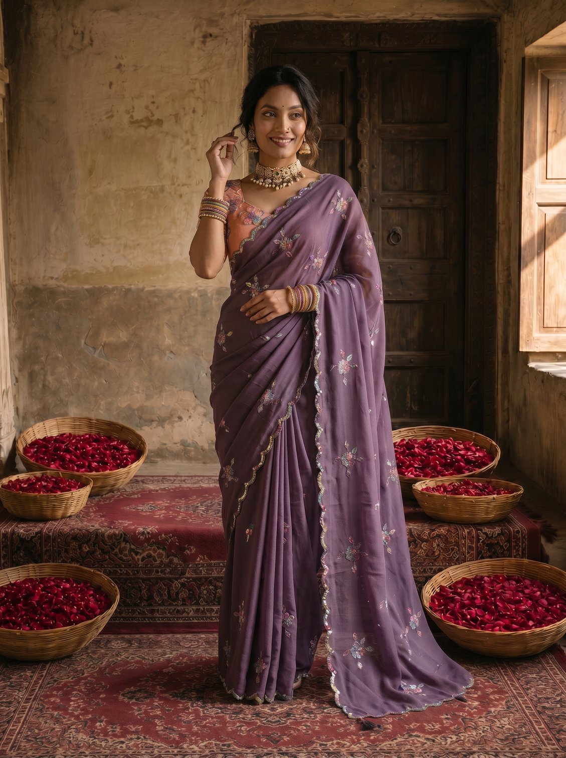 Dusty lavender georgette embroidered saree with floral sequin work peach designer blouse