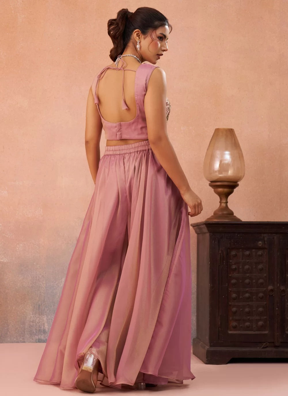 Pink tissue indo western set with embroidered flared cape palazzo