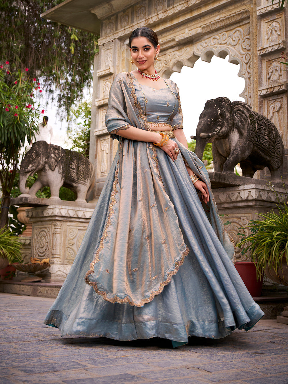 Sky blue fendi fabric sequins thread embroidered lehenga choli with dupatta