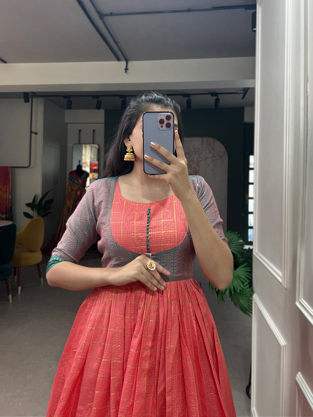 Pink Color Zari Weaving Work Zari Chex Festival Dress