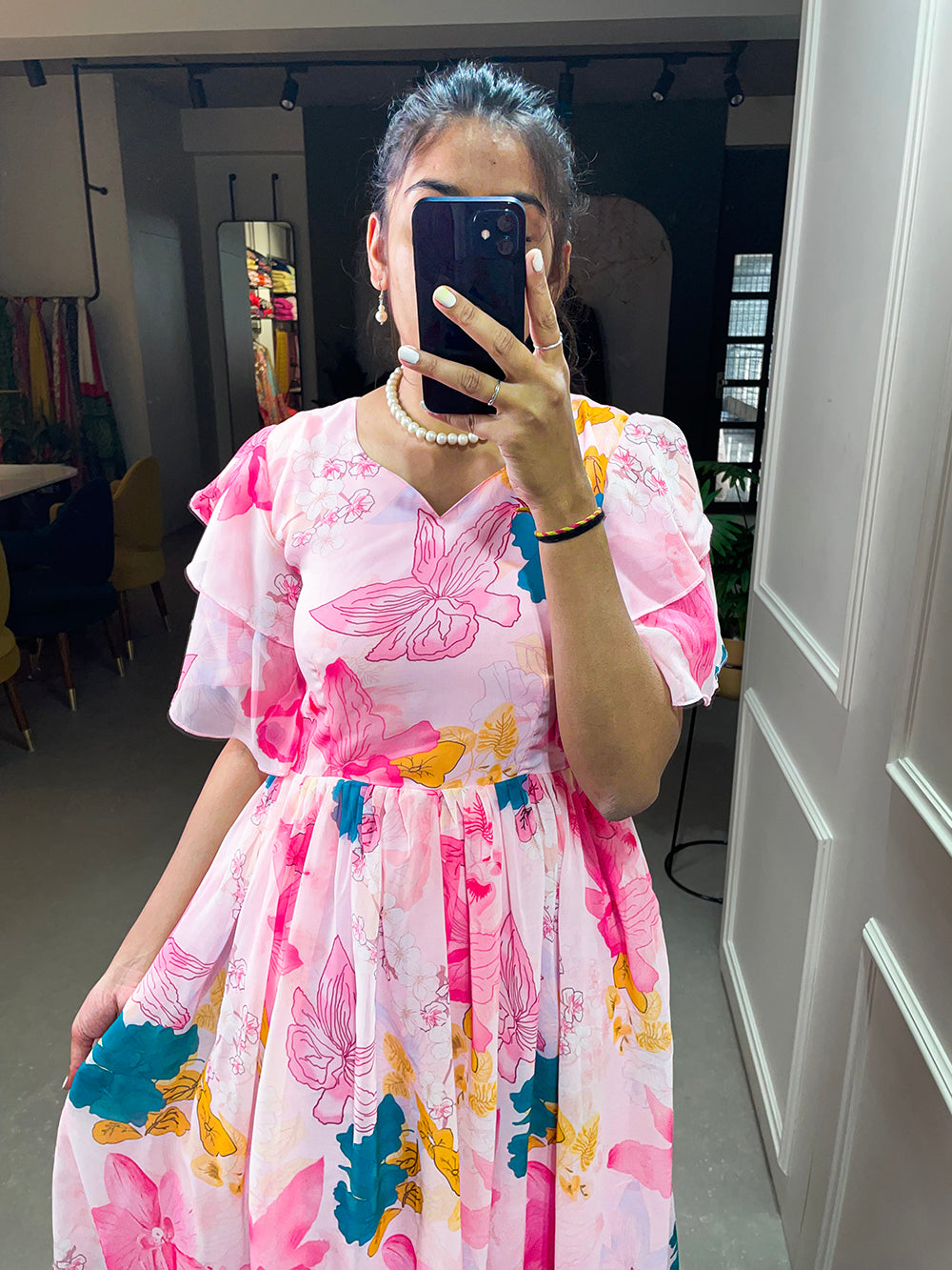 Baby Pink Color Floral Printed Georgette Gown