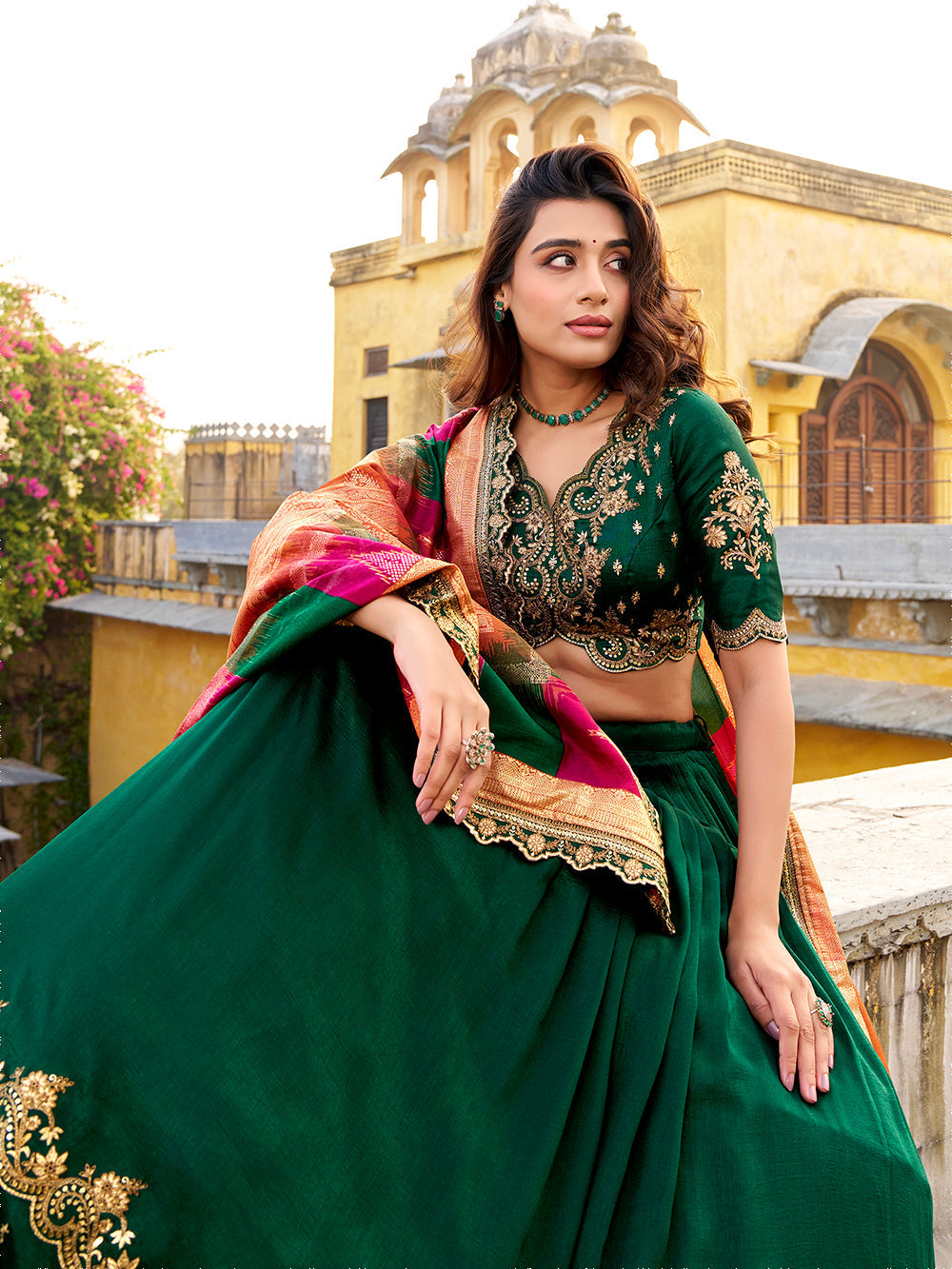 Green designer vichitra silk lehenga choli with sequins thread embroidery