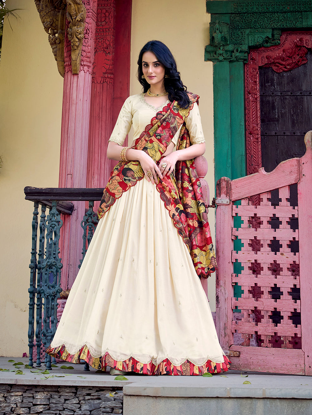 Vichitra silk stitched lehenga choli with kalamkari border tussar silk dupatta