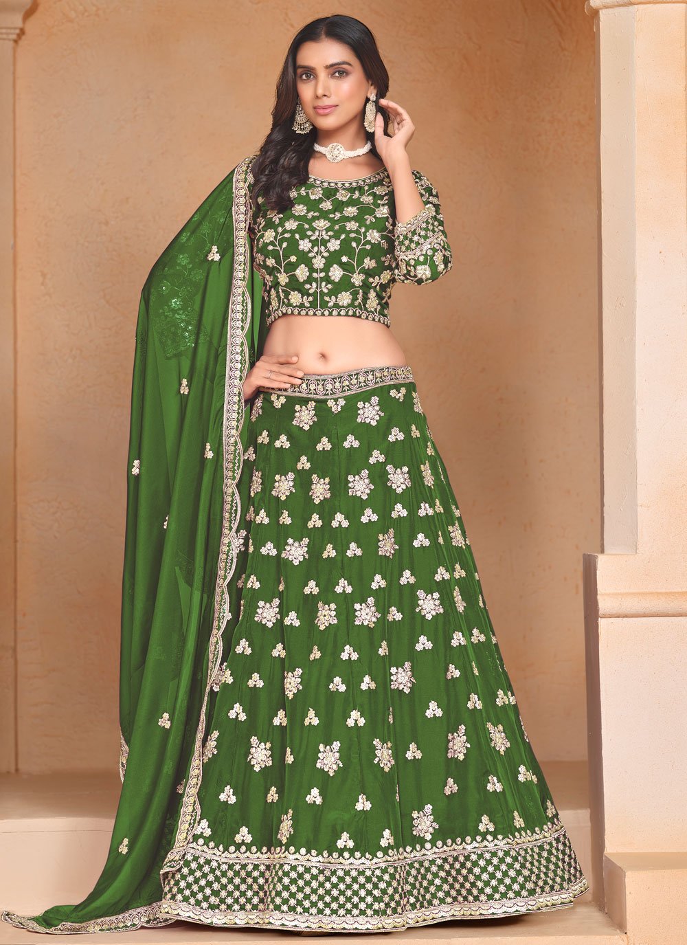 Green organza party wear lehenga with embroidered dupatta for women