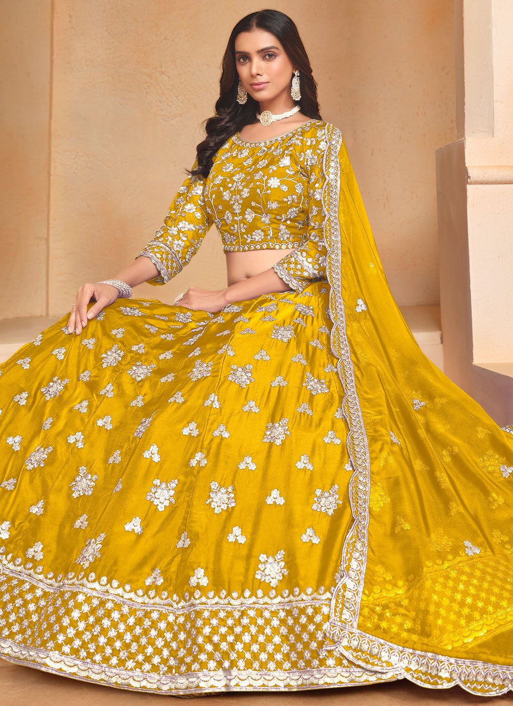 Yellow organza haldi special lehenga with embroidered dupatta