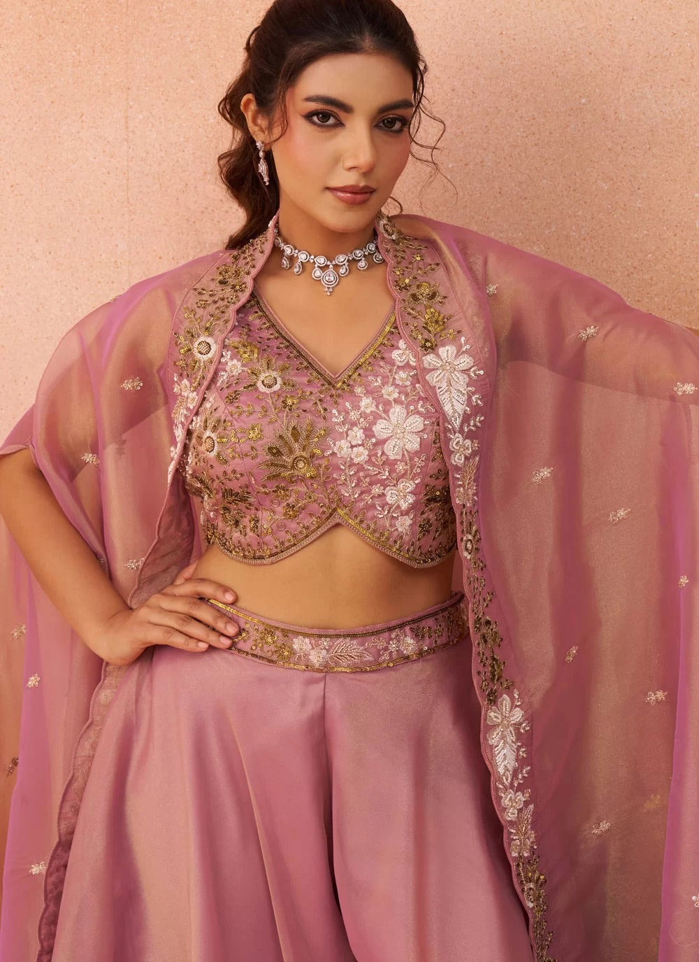 Pink tissue indo western set with embroidered flared cape palazzo