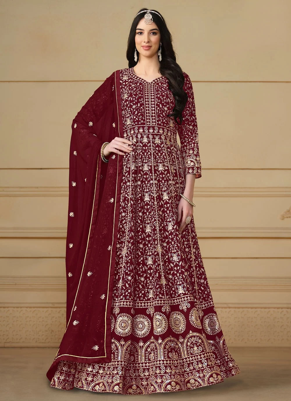 Maroon embroidered faux georgette eid pakistani anarkali suit with dupatta
