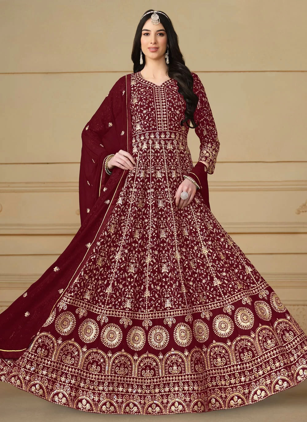 Maroon embroidered faux georgette eid pakistani anarkali suit with dupatta