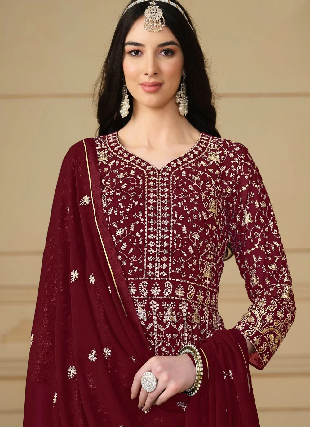 Maroon embroidered faux georgette eid pakistani anarkali suit with dupatta
