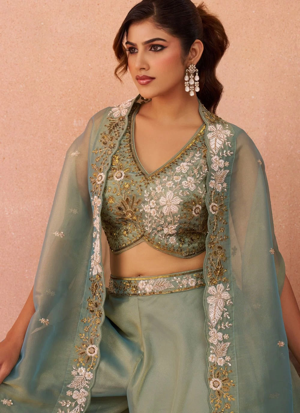 Pista green tissue indo western set with embroidered flared cape palazzo