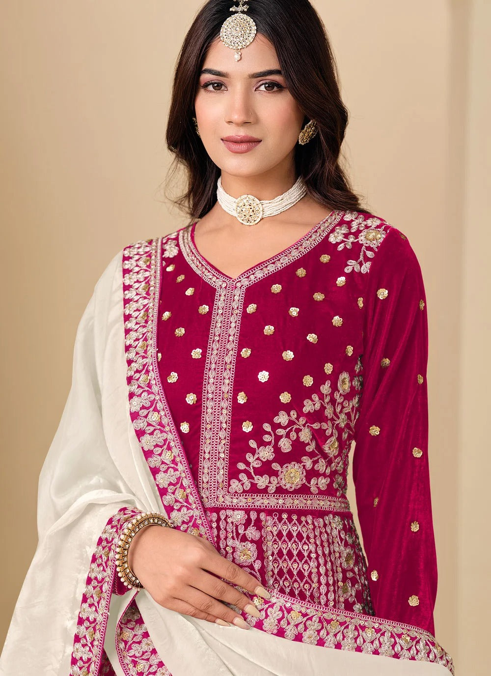 Rani pink velvet anarkali suit with embroidery work silk dupatta
