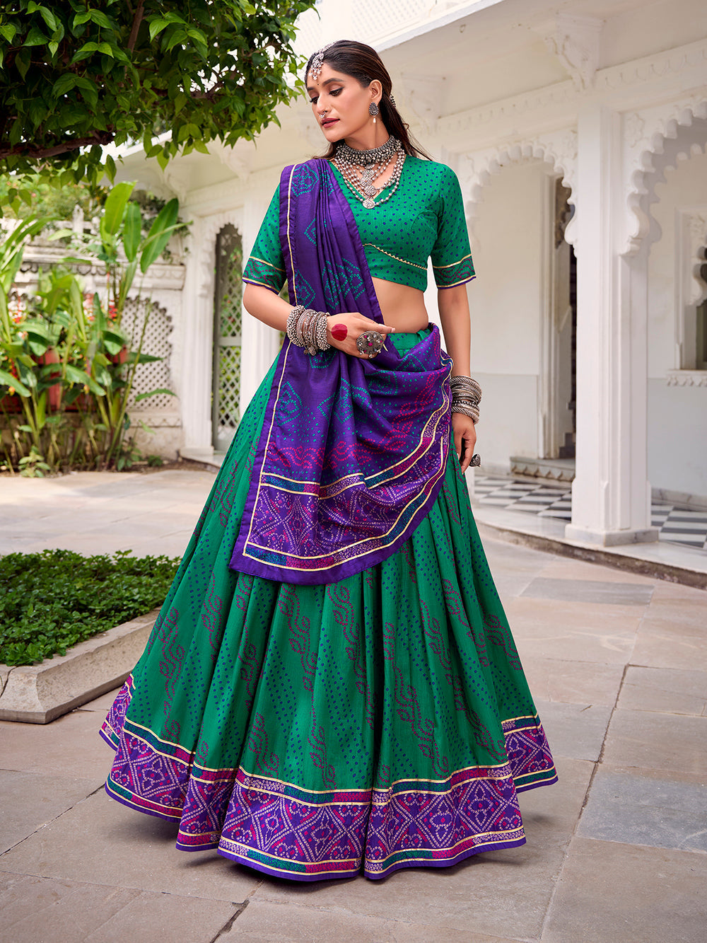 Green tasar silk bandhej print lehenga choli with gotta patti lace 4 meter flair