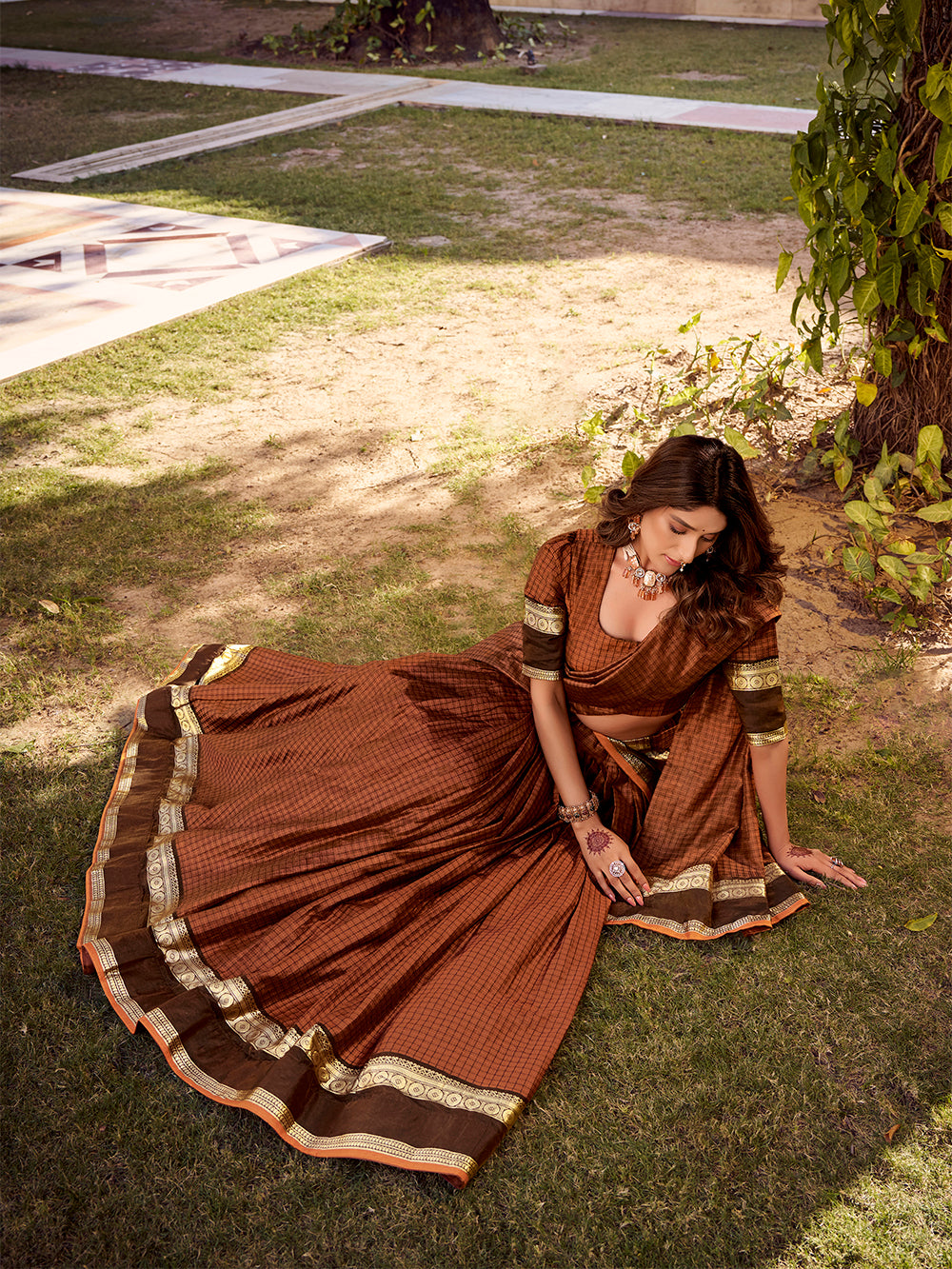 Rust orange color chex with zari weaving work chettinad cotton lehenga choli