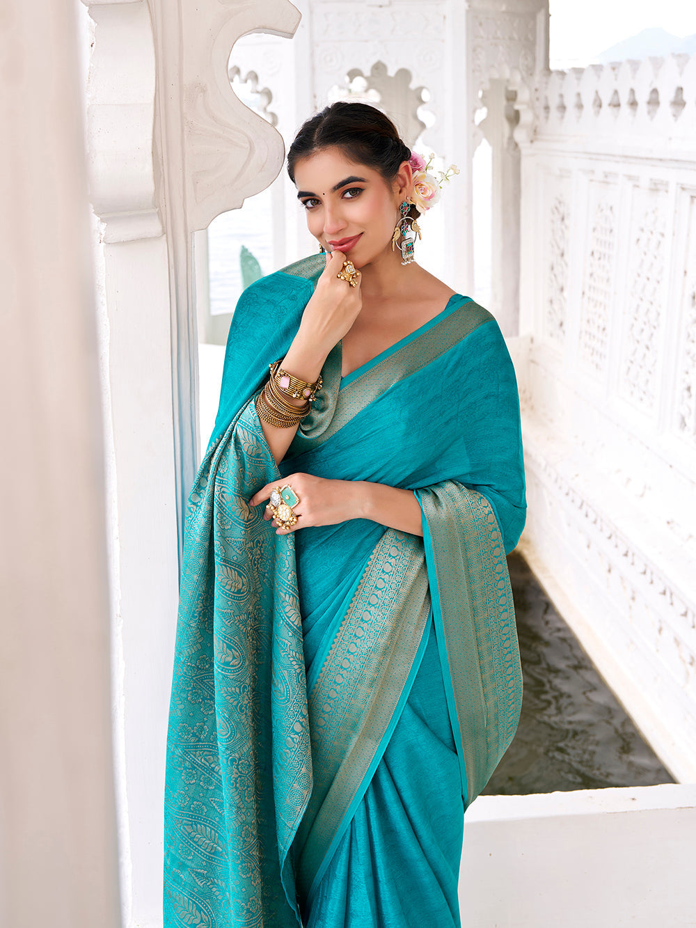 Firozi self printed chinon saree with zari weaving unstitched blouse