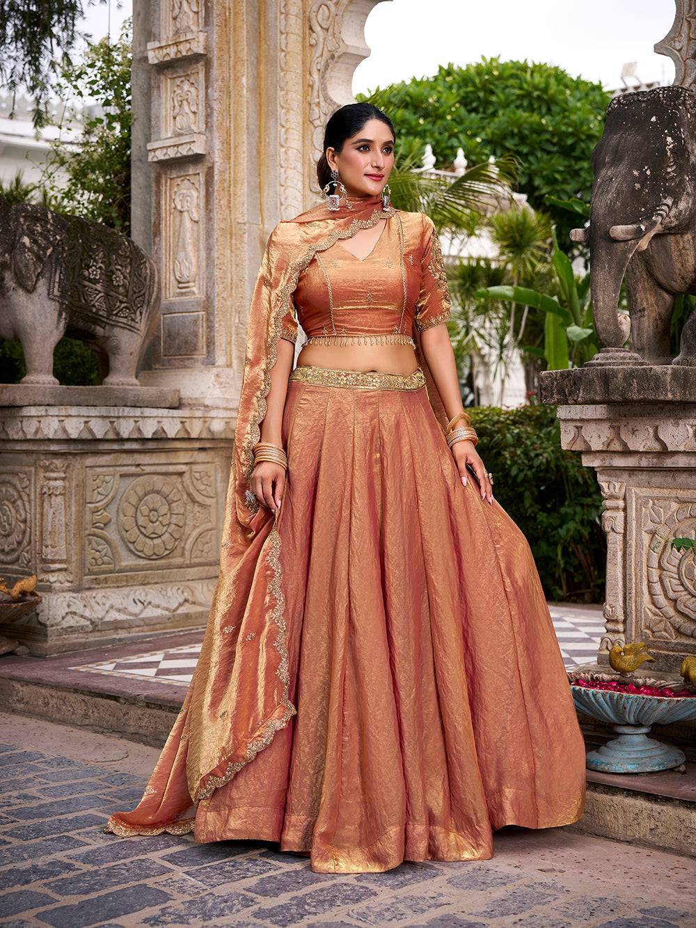 Rust orange color sequins and thread embroidery work belt fendi lehenga choli