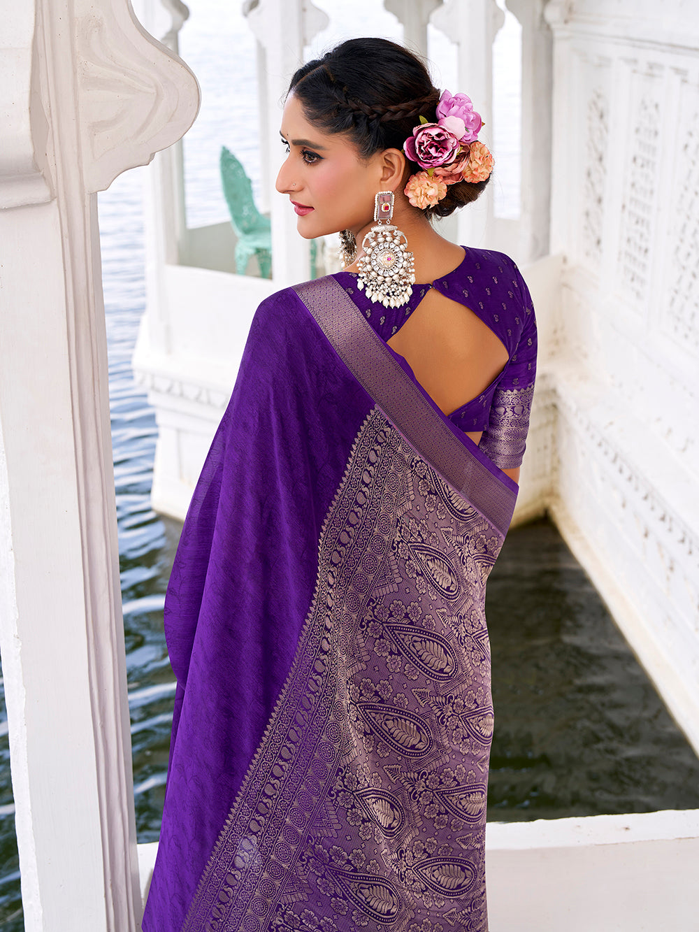 Purple self printed chinon saree with zari weaving unstitched blouse