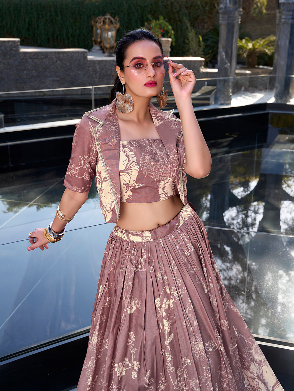 Cream tussar silk floral print crop top lehenga choli
