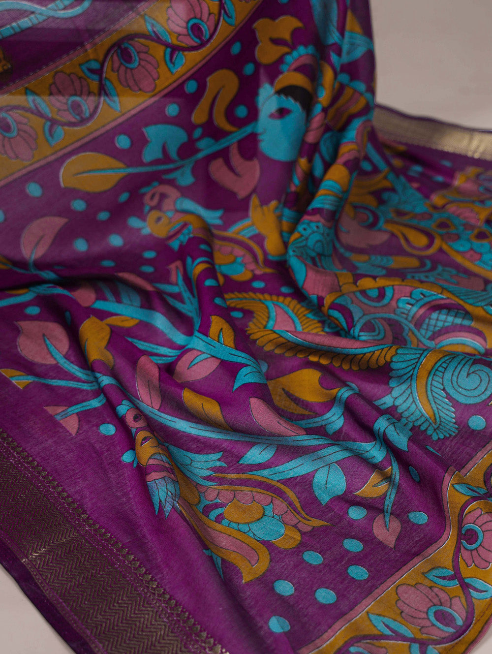 Teal floral printed viscose chanderi silk saree with zari weaving border