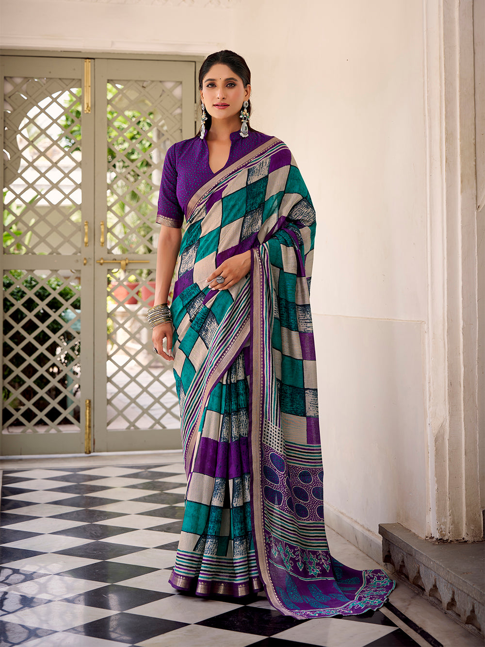 Purple viscose chanderi check print saree with temple lace border blouse piece