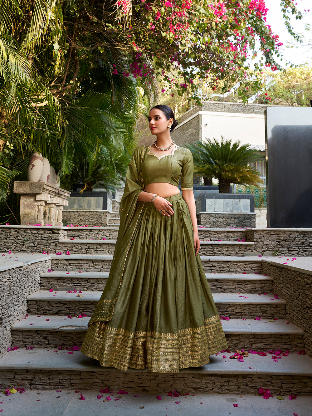 Mehandi green chanderi silk lehenga choli with elegant weave matching dupatta