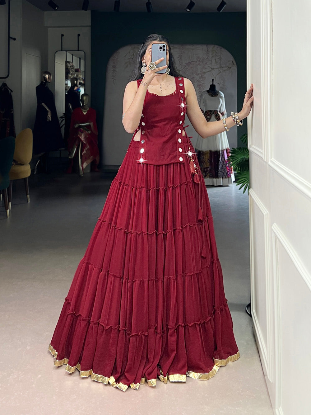 Red color embossed design lace border marbel chaniya choli