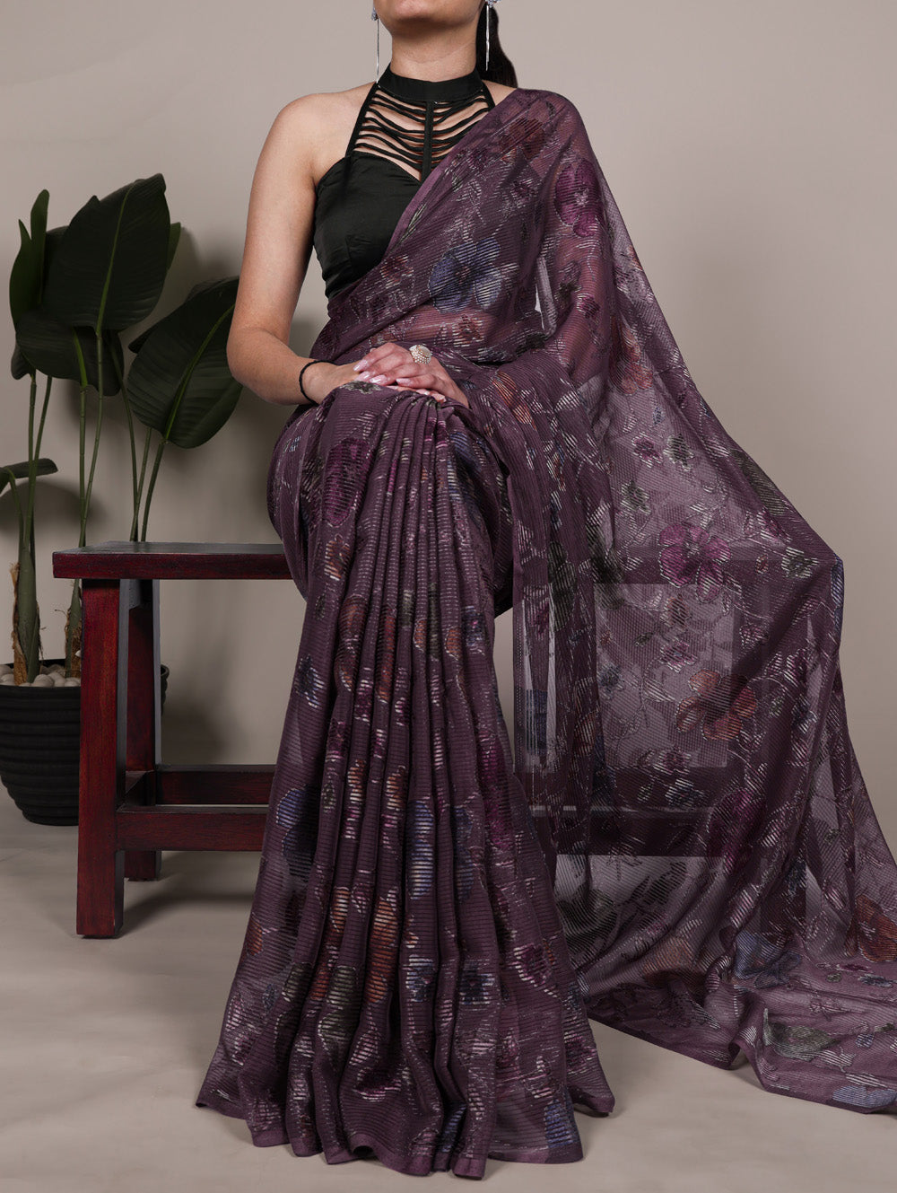 Wine lurex brasso saree with floral viscose brasso natural silk blouse
