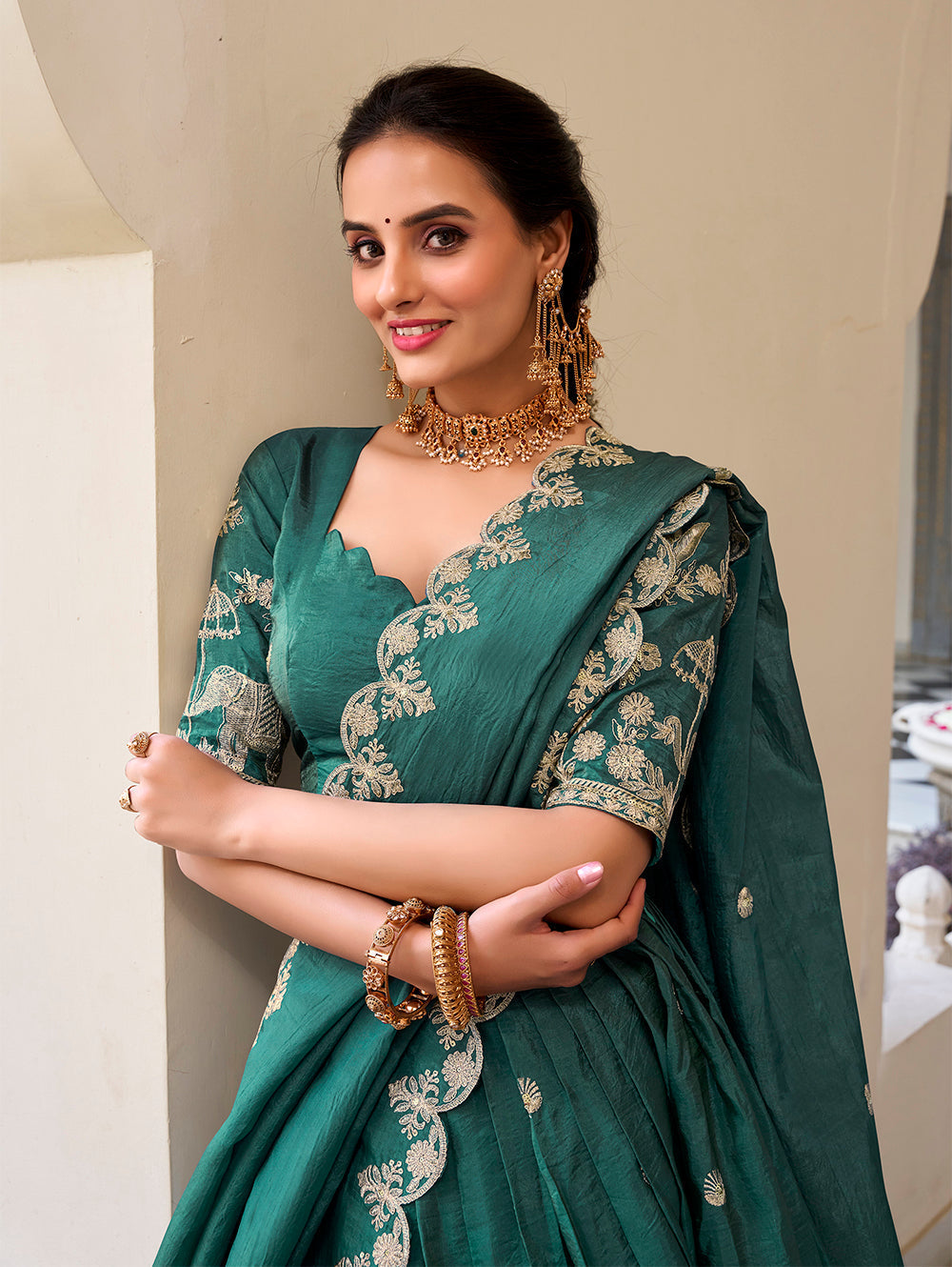 Teal gold crush lehenga choli with sequins embroidery scalloped lace dupatta
