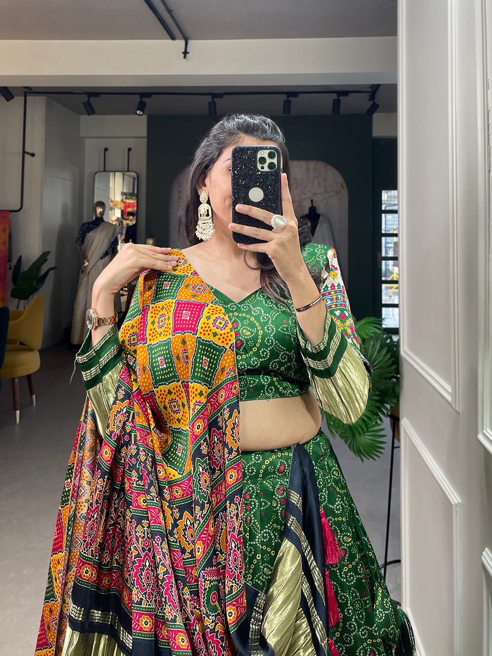 Green Color Digital Printed With Lagadi Patta Gaji Silk Lehenga Choli