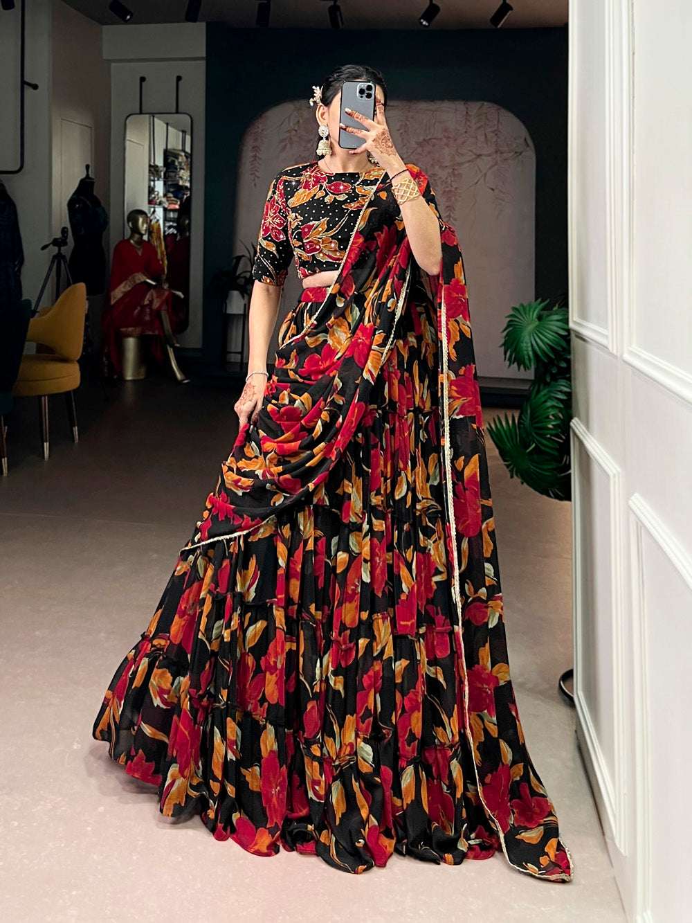 Black floral printed marble lehenga choli with lace dupatta