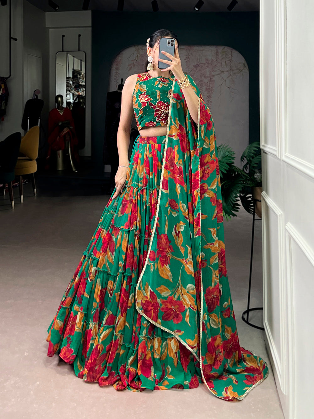 Green floral printed marble lehenga choli with lace dupatta