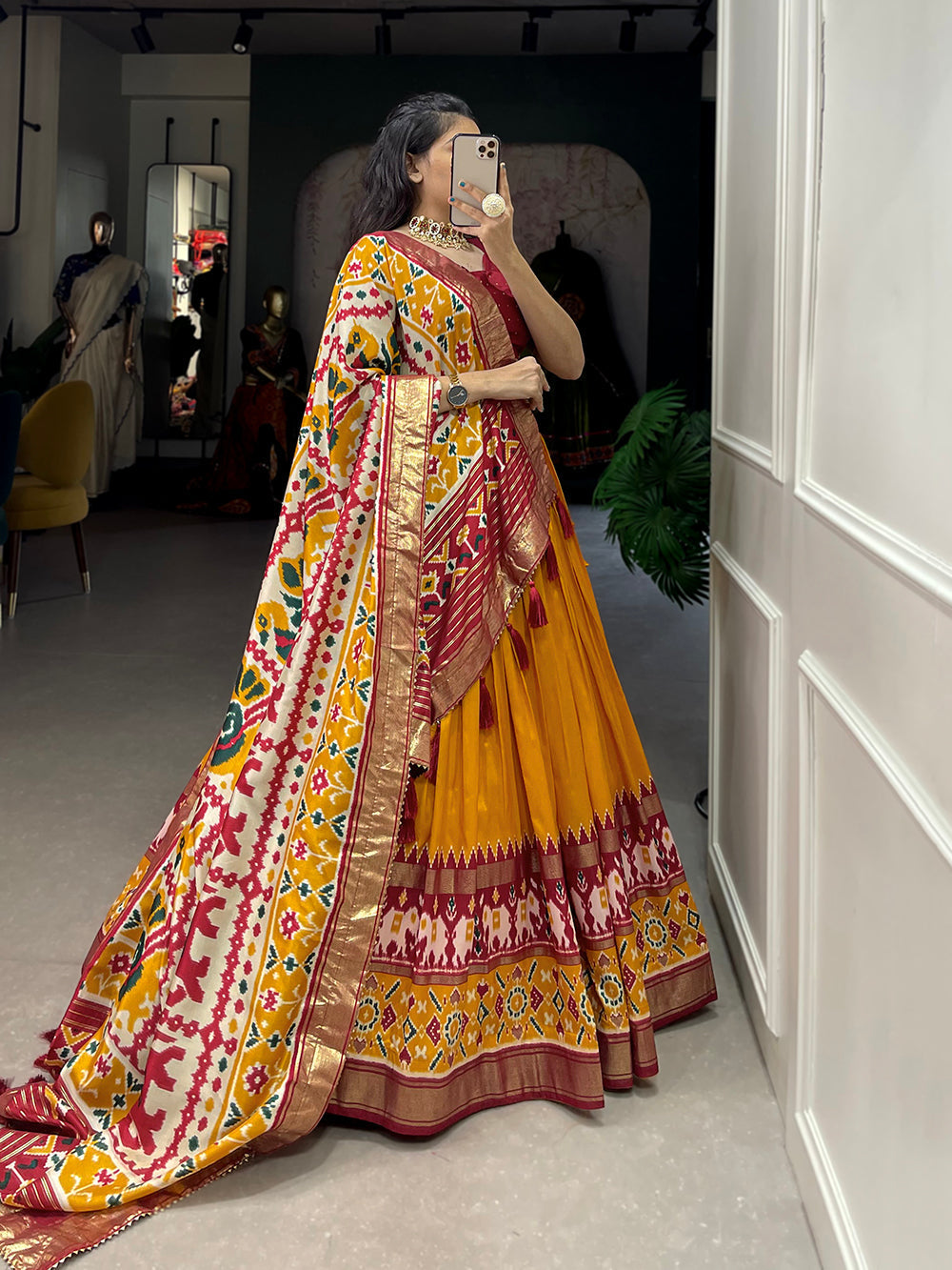 Mustard Color Patola Print With Foil Work Tussar Silk Lehenga Choli