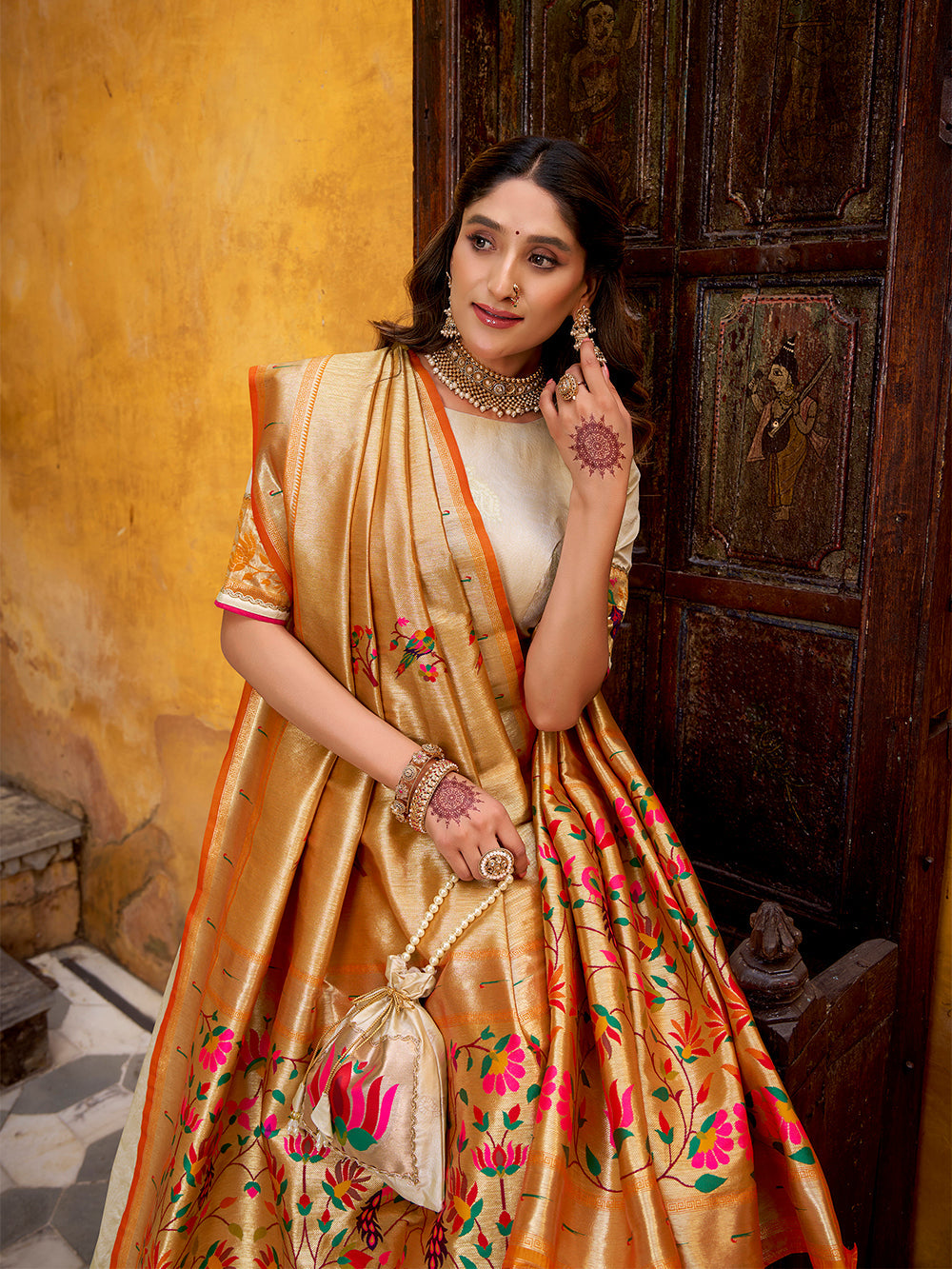 Off white paithani lehenga choli with zari weaving dupatta